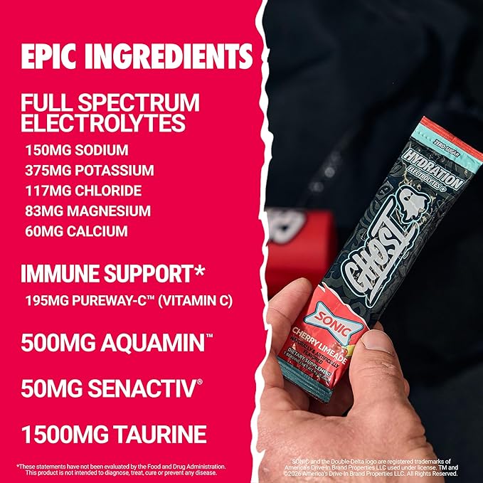 GHOST Hydration Sticks, Electrolyte Powder Packets, Sonic Cherry Limeade